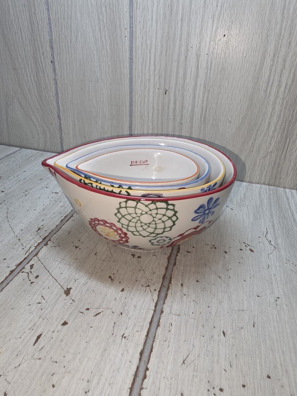 Pier 1 Imports Floral Hand Painted Stoneware Measuring Cups Set of 4 Baking
